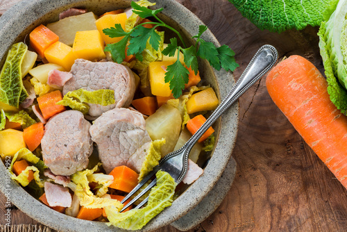 Irish stew with pork and vegetables cooked in cider - top view
