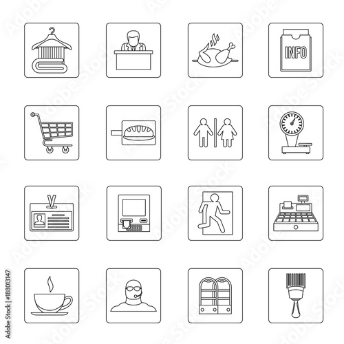 Supermarket navigation icons set, outline style