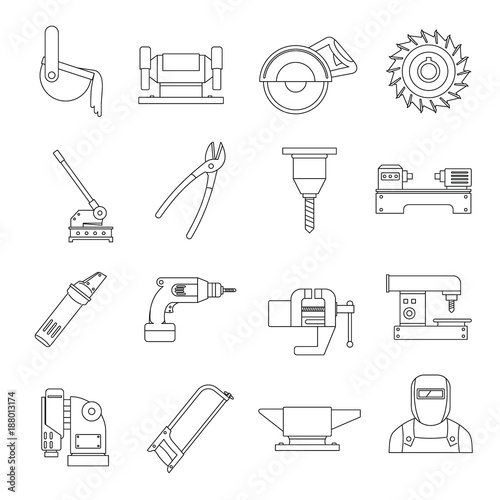 Metal working icons set, flat style