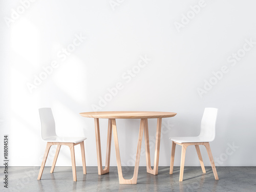 Two Wooden chairs with table in modern interior with white wall and concrete floor. 3d rendering