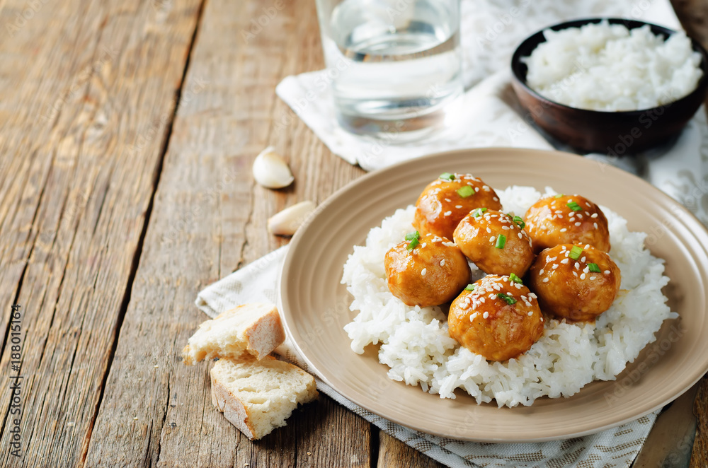Baked Orange Chicken Meatballs with rice Baked Orange Chicken Meatballs with rice