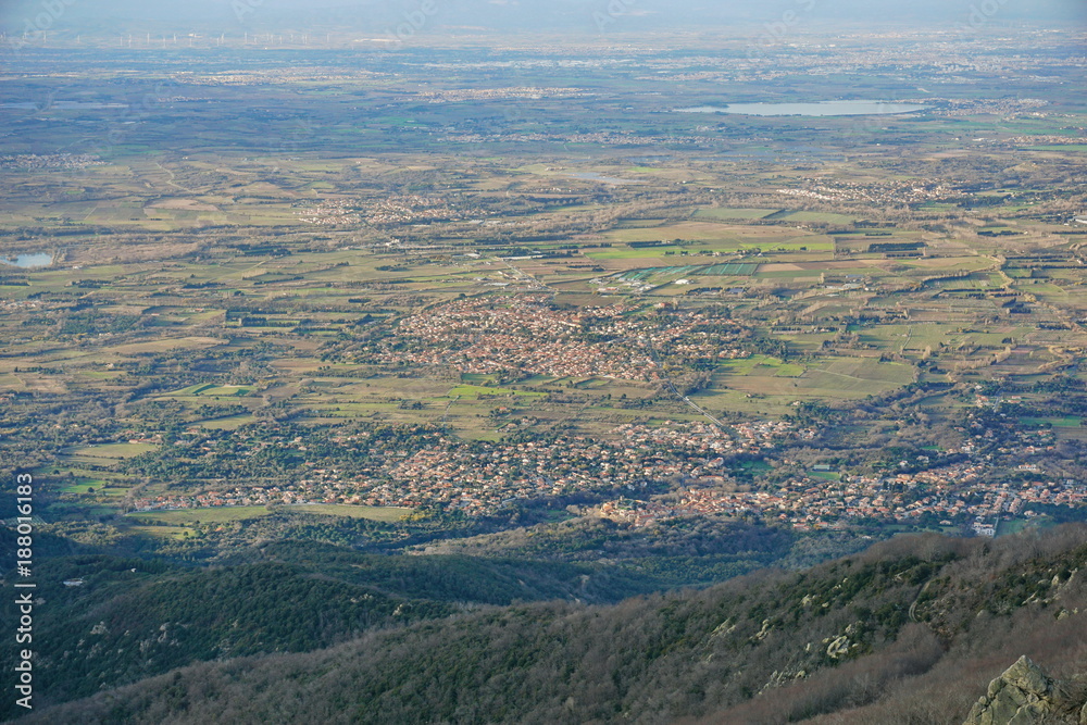 France Pyrenees Orientales villages in the Roussillon plain seen from the heights of the massif des Alberes France Pyrenees Orientales villages in the Roussillon plain seen from the heights of the massif des Alberes