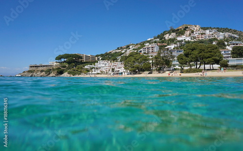 Spain Mediterranean coastline seen from sea surface, Costa Brava, playa Almadrava, Canyelles Grosses, Roses, Girona, Catalonia
