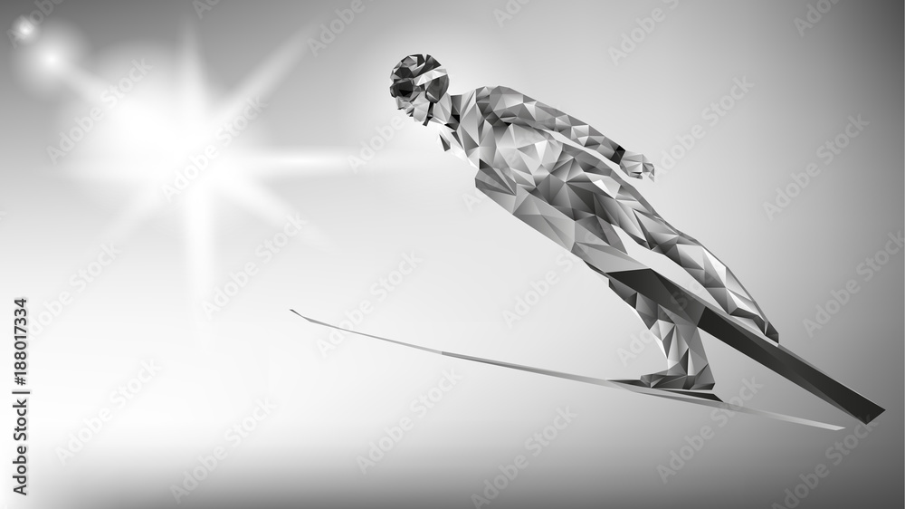 Φωτογραφία The polygonal colorful figure of a young man Ski Jumping with on a white and blue background