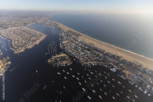 Aerial view of Balboa Bay and Newport Beach in Orange County, California.