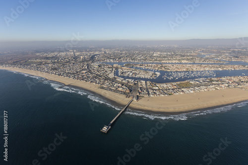 Newport Beach pier and beach in Orange County, California.