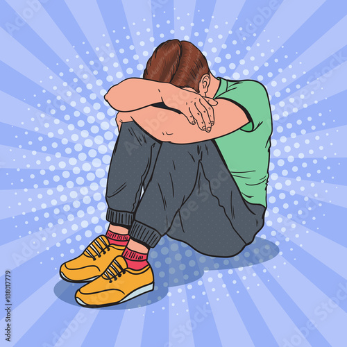 Pop Art Depressed Young Man Sitting on the Floor with Hands on the Head. Depression and Frustration. Vector illustration