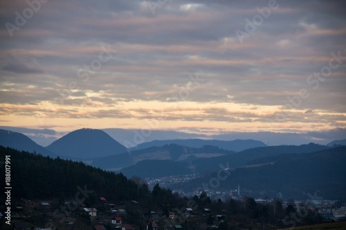 Sunrise and sunset over the buildings in the Zilina city. Slovakia 