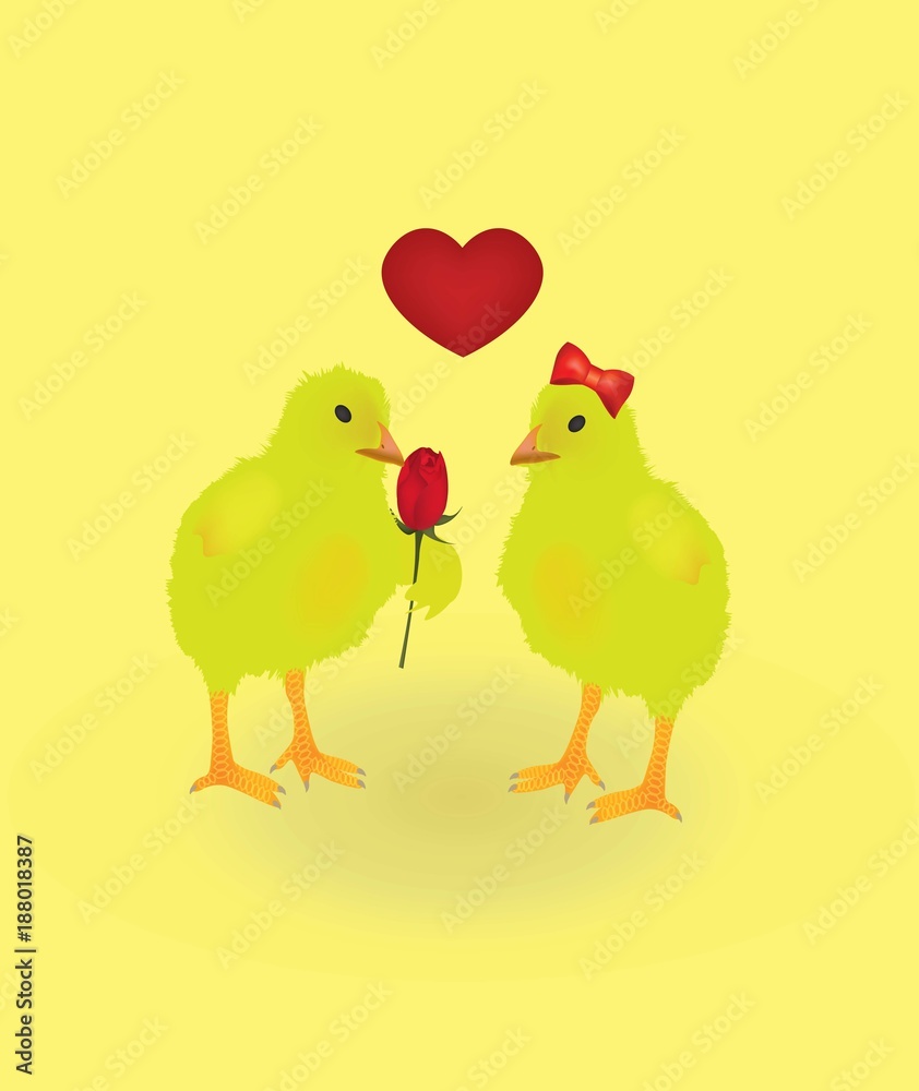 Two chickens in love, Valentines day card, vector