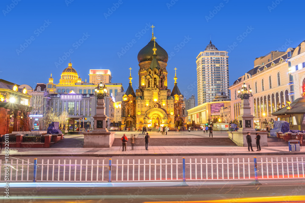 Saint Sofia Cathedral at night. Located in the central district of Daoli, Harbin, Heilongjiang, China.