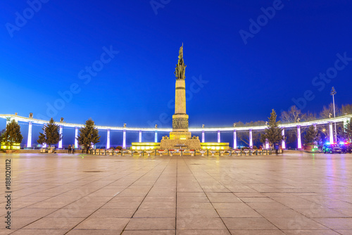 Harbin People Flood Control Success Memorial Tower Square at night. Located in Harbin City, Heilongjiang Province, China. photo