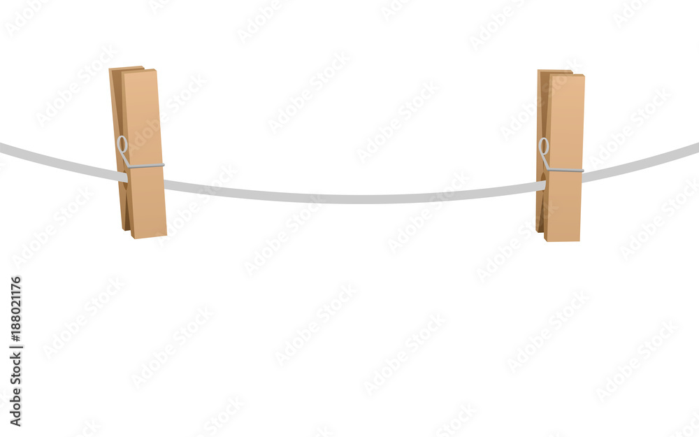 Clothes pins on a clothes line rope - two wooden pegs holding nothing -  isolated vector illustration on white background. Stock Vector