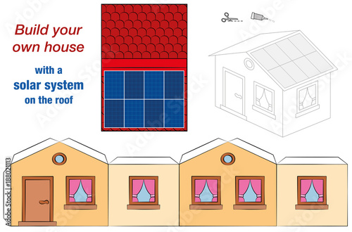 House template with solar panel collectors on the roof - photovoltaic technology cottage model - cut out, fold and glue - cut-out sheet for promotion of ecological education.
