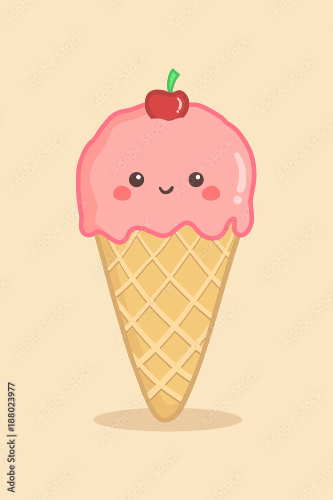 Cute Ice Cream Cone Strawberry with Cherry Topping Vector Illustration  Cartoon Stock Vector | Adobe Stock