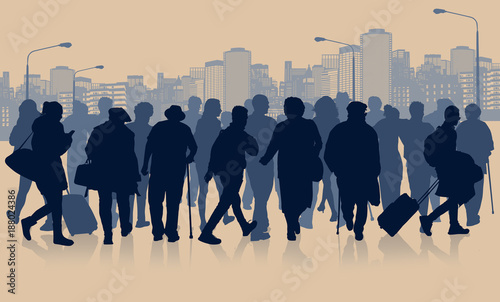  Huge crowd of people silhouette  in the city landscape