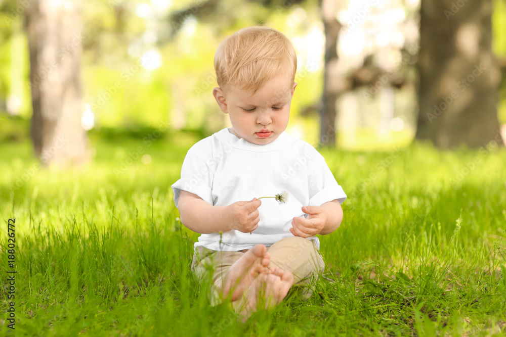 Cute baby boy with dandelion in green park on sunny day Cute baby boy with dandelion in green park on sunny day