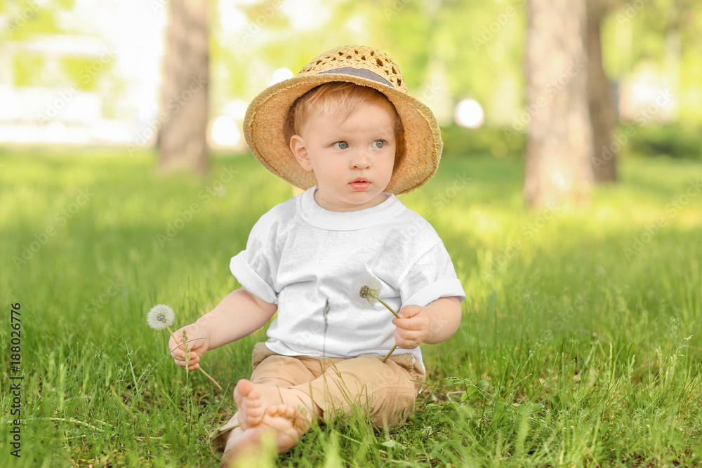 Cute baby boy with dandelions in green park on sunny day Cute baby boy with dandelions in green park on sunny day