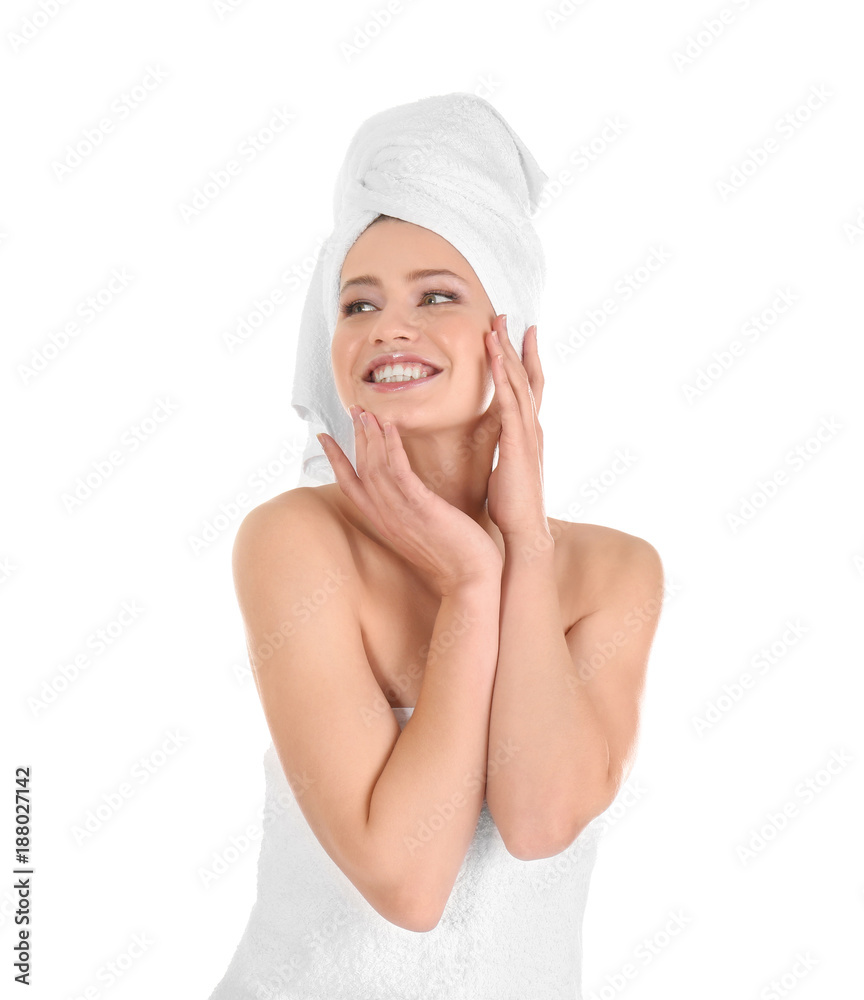 Attractive young woman in towel on white background Attractive young woman in towel on white background