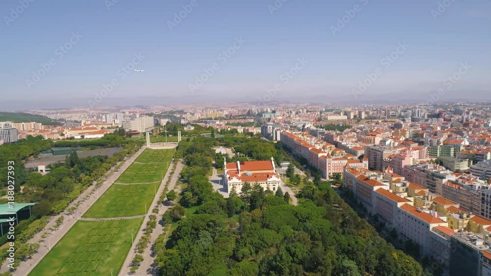 Lisbon Portugal aerial cityscape Eduardo VII park and Marques de Pombal square.