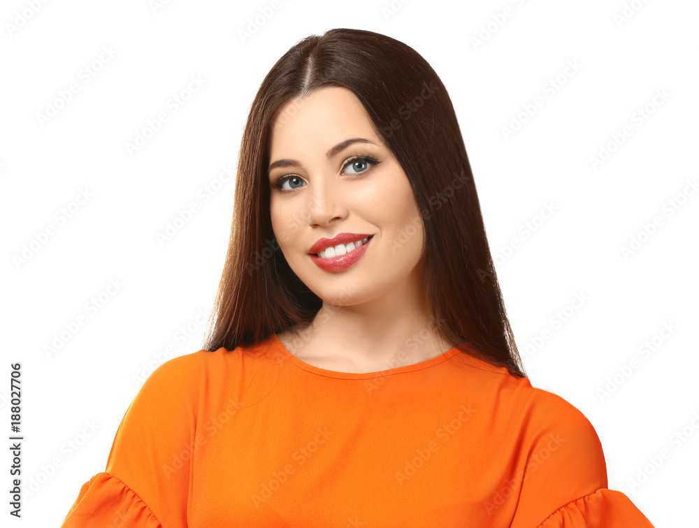 Portrait of beautiful smiling woman on white background Portrait of beautiful smiling woman on white background