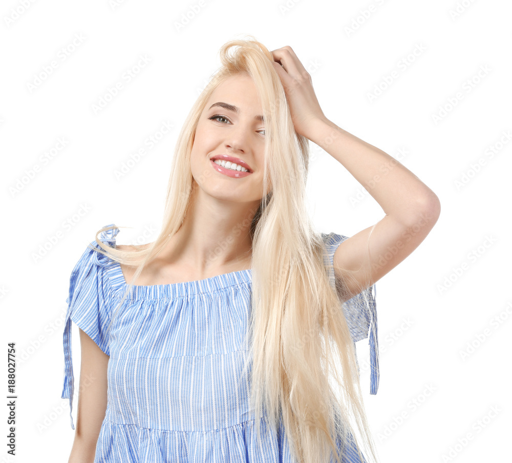 Fototapeta premium Portrait of beautiful smiling woman on white background
