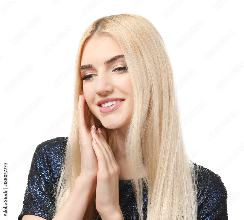 Portrait of beautiful smiling woman on white background Portrait of beautiful smiling woman on white background