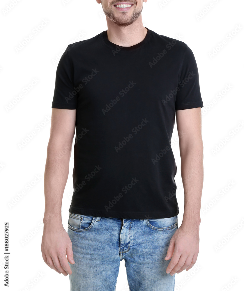 Young man in color t-shirt on white background. Mockup for design