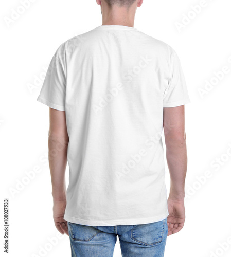 Young man in t-shirt on white background. Mockup for design