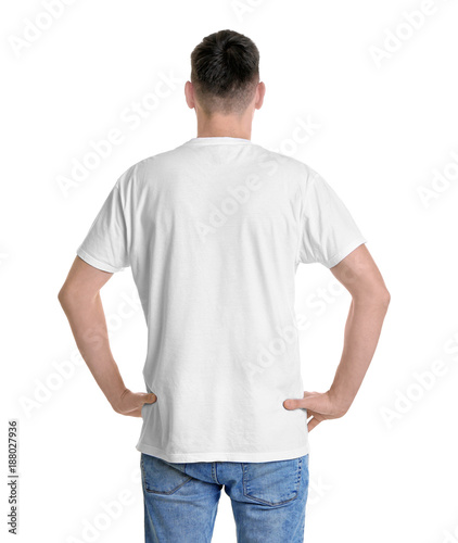 Young man in t-shirt on white background. Mockup for design