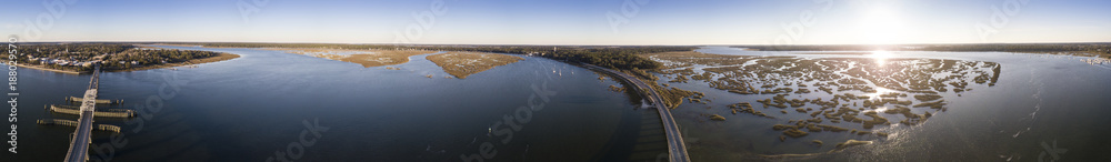 Seamless 360 degree aerial panorama of bridge, town, and waterscape in Beaufort, South Carolina, USA.