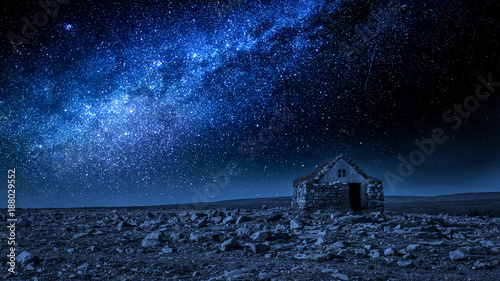 Small stone cottage and milky way at night, Iceland