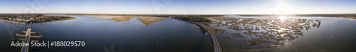 Seamless 360 degree aerial panorama of bridge  town  and waterscape in Beaufort  South Carolina  USA.