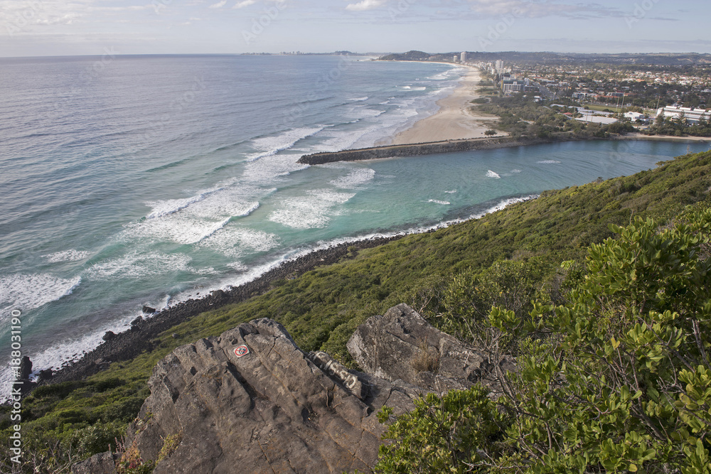 The  Burleigh river empties into the pacific ocean on Queensland's Gold Coast, Australia..