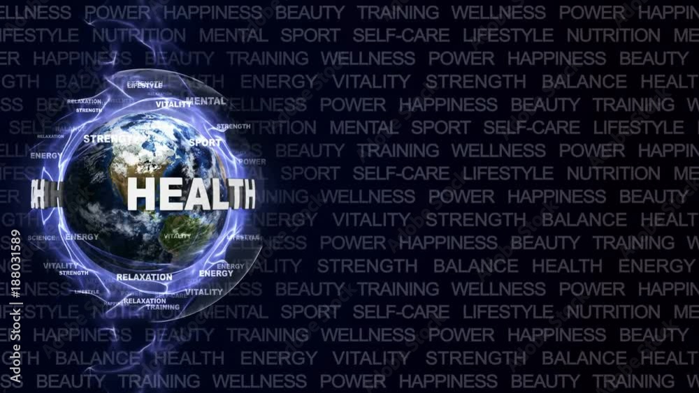 HEALTH Text Animation and Earth, Rendering, Background, Loop, 4k
