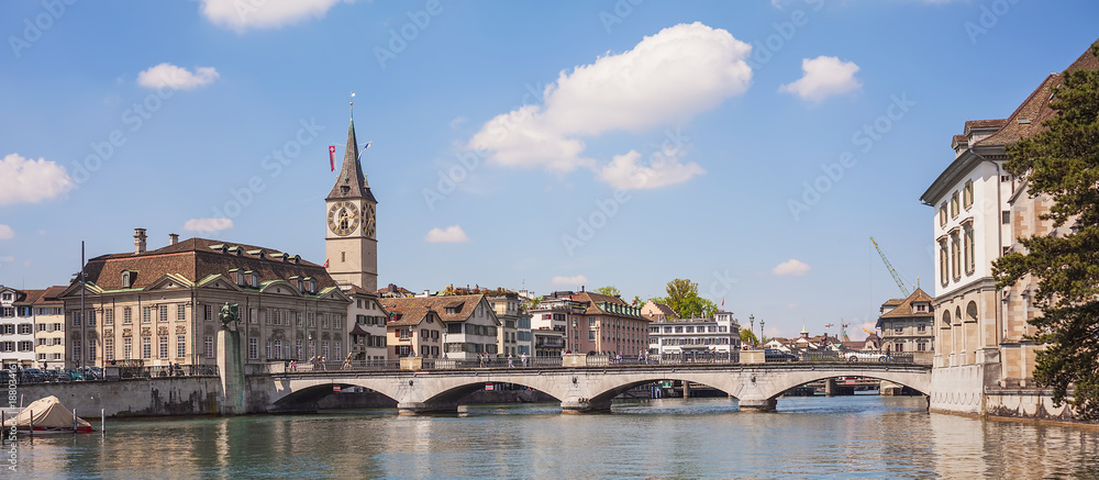 Munsterbrucke bridge over the Limmat river in the city of Zurich, Switzerland