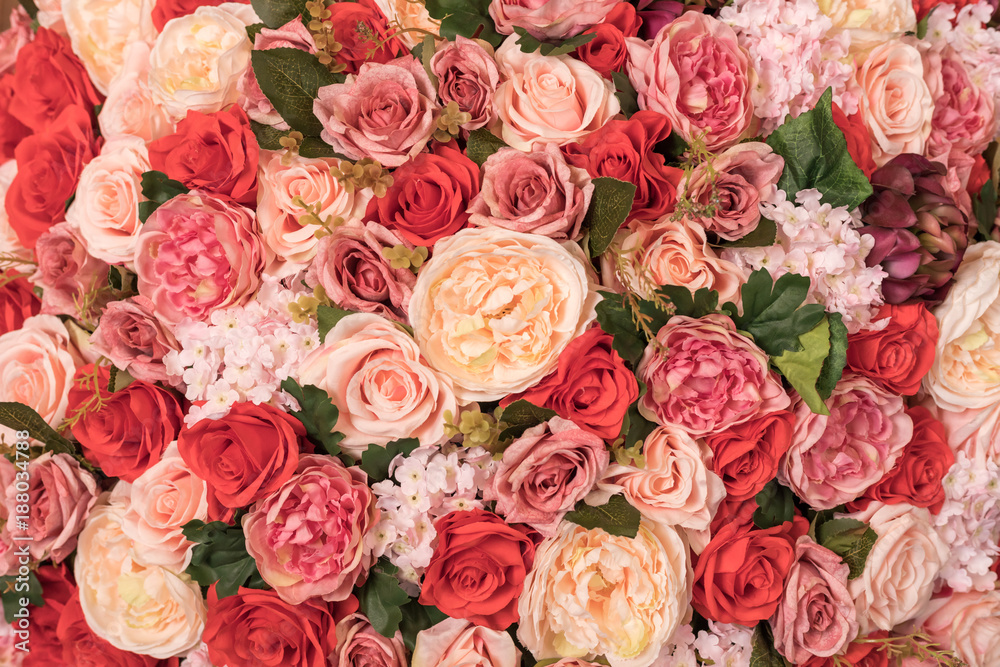 Close up Background texture of Pink, Orange and Red roses pattren. Valentines Day concept