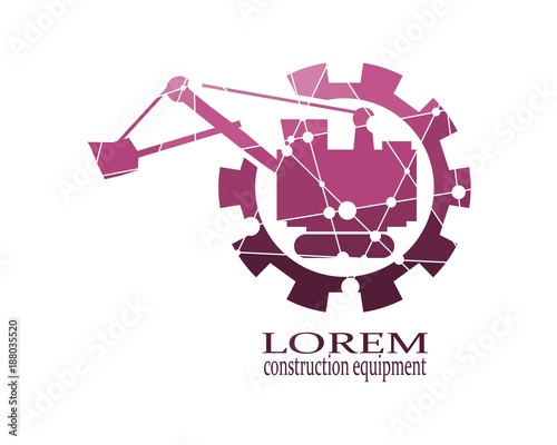 Flat big excavator in gear. Emblem for construction or mining equipment company. Lines connected with dots texture