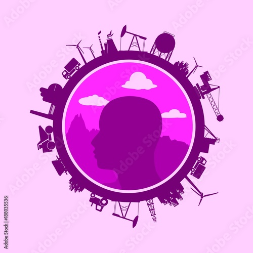 Circle with industry relative silhouettes. Objects located around the circle. Industrial design background. Mountain landscape with head icon