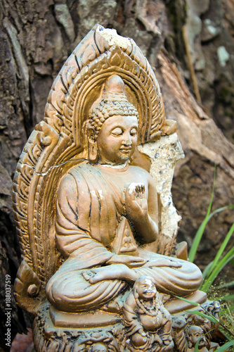 the statue of Buddha stands in a tropical forest