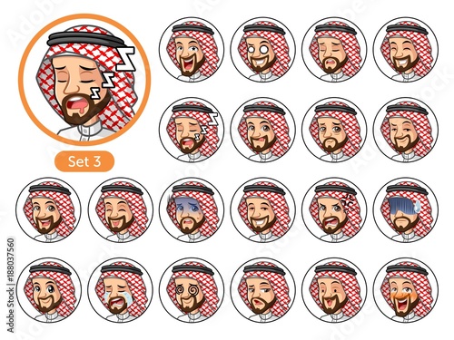 The third set of Saudi Arab man cartoon character avatars with different facial emotions and expressions, cry, sleep, pissed of, embarrassed, fear, triumph, confused, fear, etc. vector illustration.