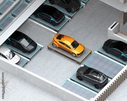 Automated Guided Vehicle (AGV) carrying yellow car to parking space. Concept for automatic car parking system. 3D rendering image.
