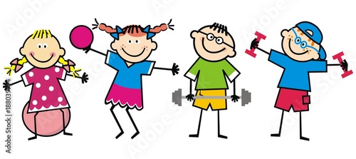 Happy kids, fitness, funny vector illustration