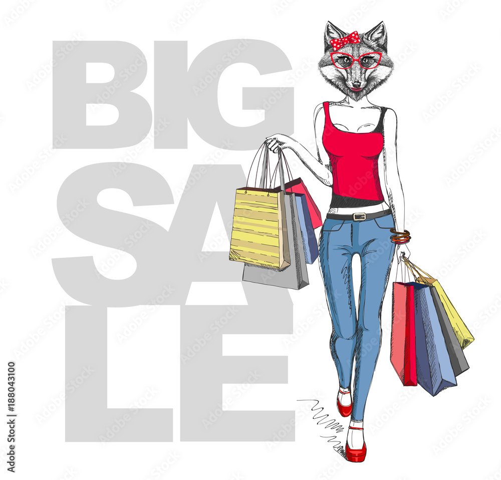 Retro Hipster animal girl fox. Big sale hipster poster with woman model Retro Hipster animal girl fox. Big sale hipster poster with woman model