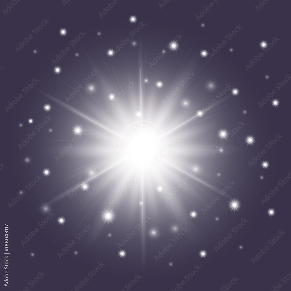 Glossy white star with sparkles. Shiny light vector sunburst symbol, cosmic stars sign isolated on dark blue background Glossy white star with sparkles. Shiny light vector sunburst symbol, cosmic stars sign isolated on dark blue background