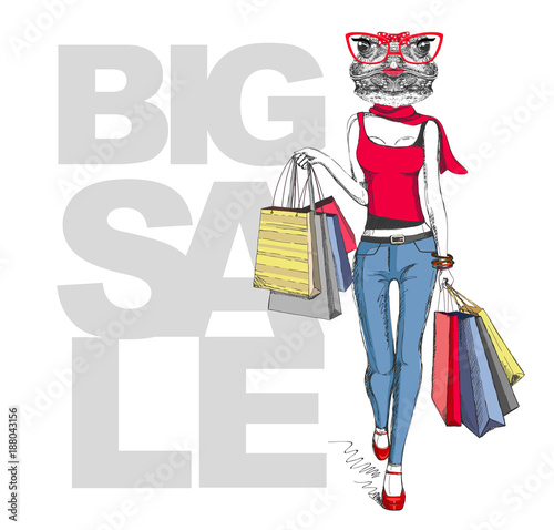 Retro Hipster animal girl frog. Big sale hipster poster with woman model