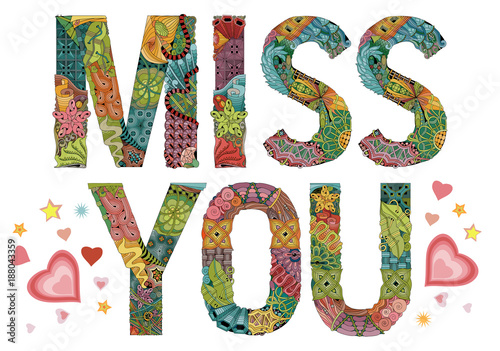 Word miss you. Vector decorative zentangle object