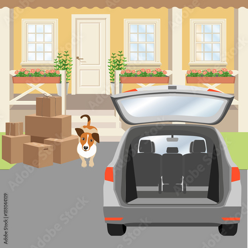 House porch with panel door and windows. Driveway, cardboard boxes and car with opened trunk. Cute puppy wiggles his tail. Vector illustration