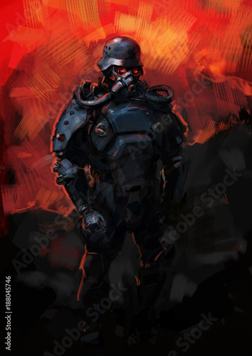 Sketch character for playing in a military armor suit. Background for a font composition on the theme of war. A warrior tank is on fire and mud. photo