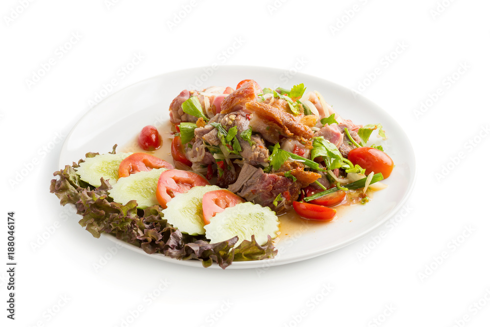 Roasted pork belly spicy salad isolated on white back ground Roasted pork belly spicy salad isolated on white back ground