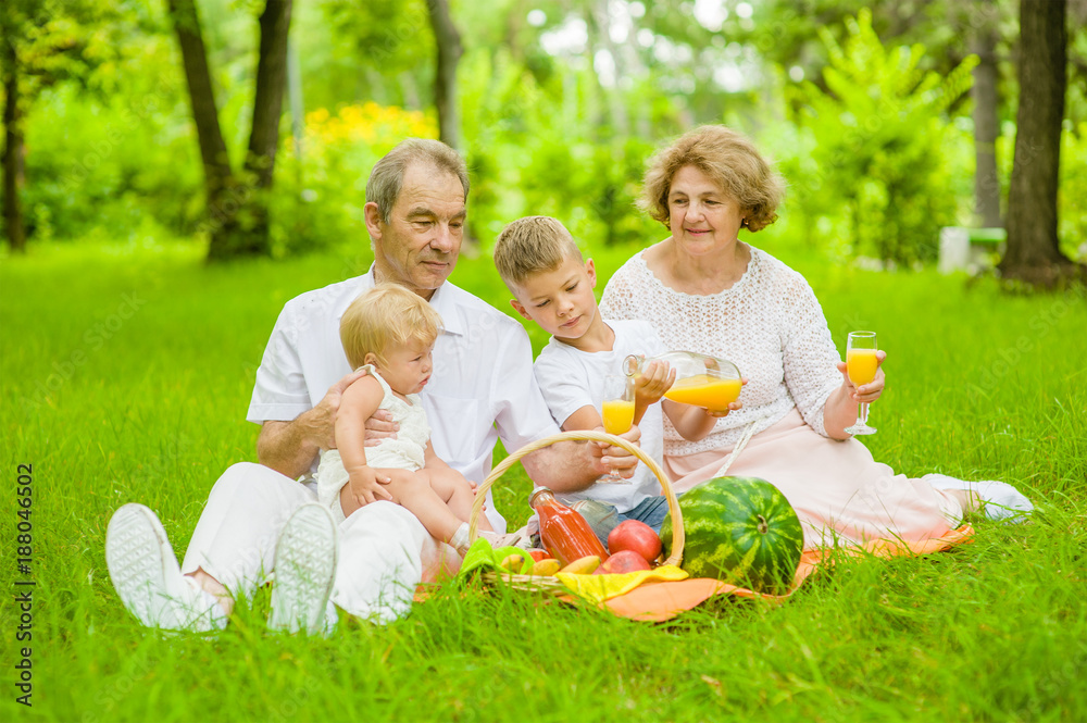Grandparents have fun with grandchildren in nature Grandparents have fun with grandchildren in nature